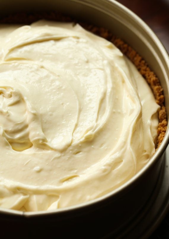 Cheesecake filling over a graham cracker crust