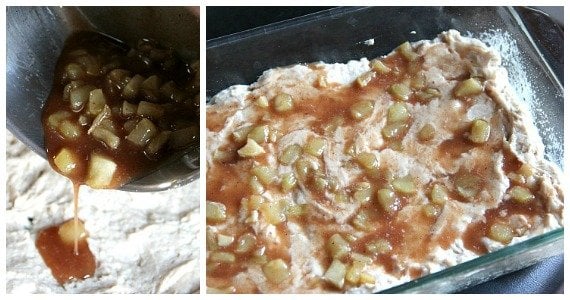 Collage of two photos of batter in a baking dish with diced apples with cinnamon on top