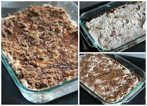 Collage of 3 photos of unbaked apple fritter cake