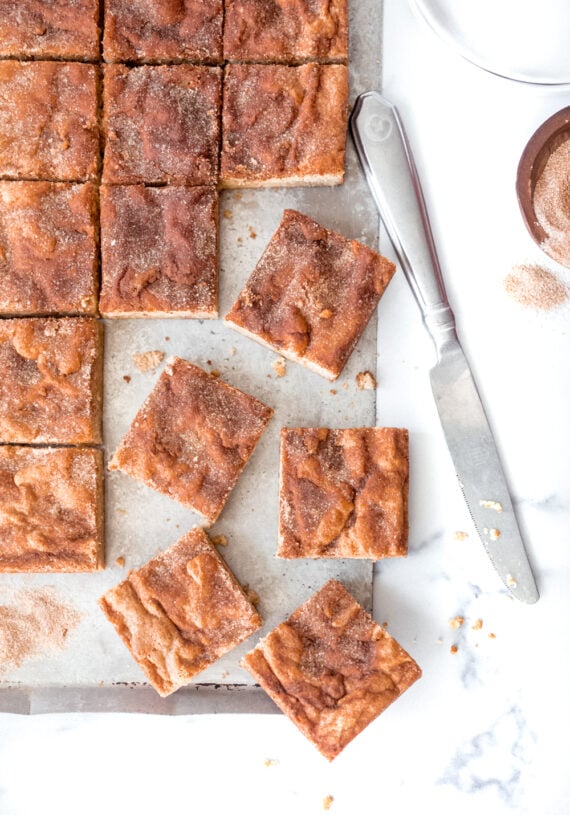 Snickerdoodle Bars cut on a platter